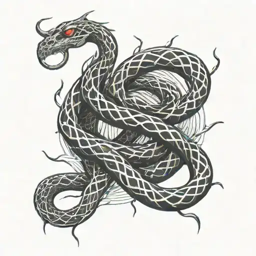 black, snake, curly, long, thin, lines, lightning tattoo design idea