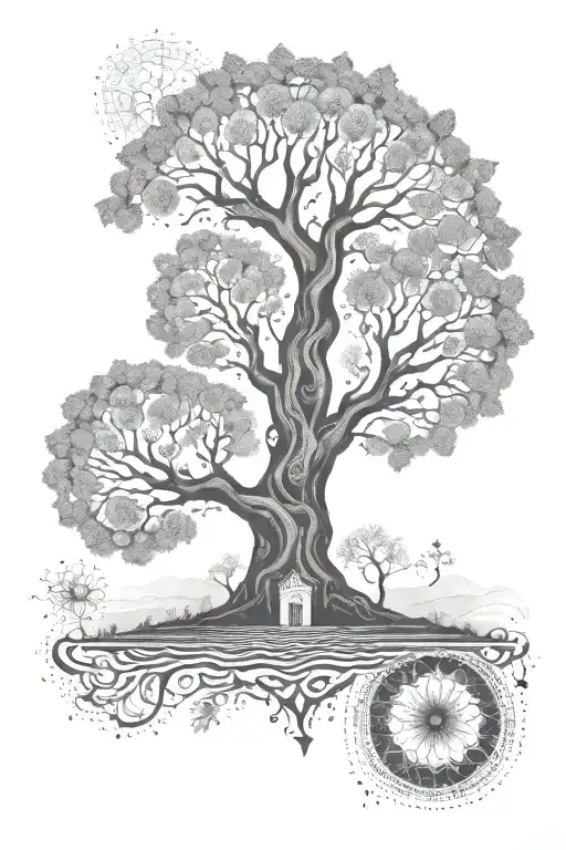 Mandala tree of life with steps around it and a human figure walking them upwards. Geometric. tattoo design idea