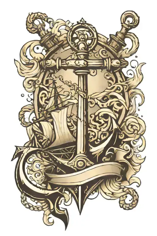 anchor and poseiden the god, black and white tattoo design idea