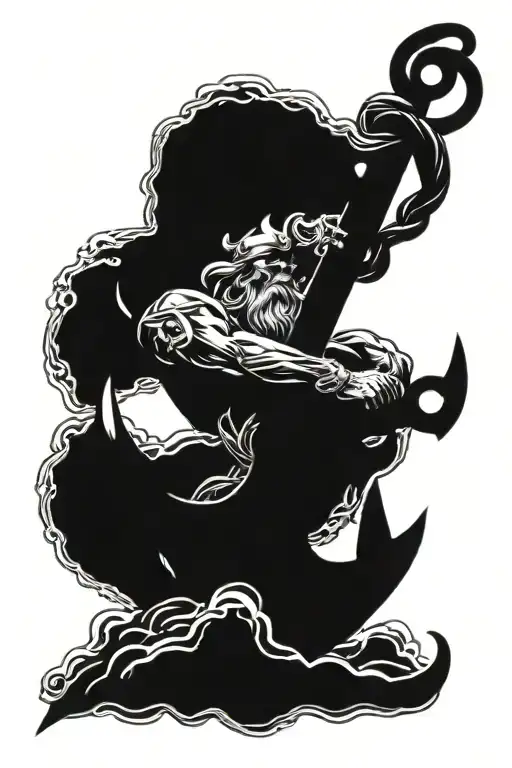 anchor and poseiden the god, black and white tattoo design idea