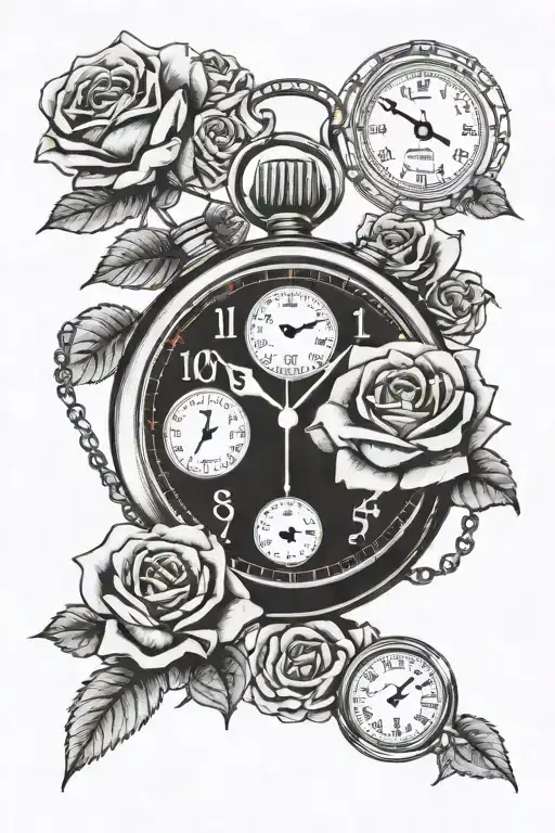 stopwatch with roses saying baby feet tattoo design idea