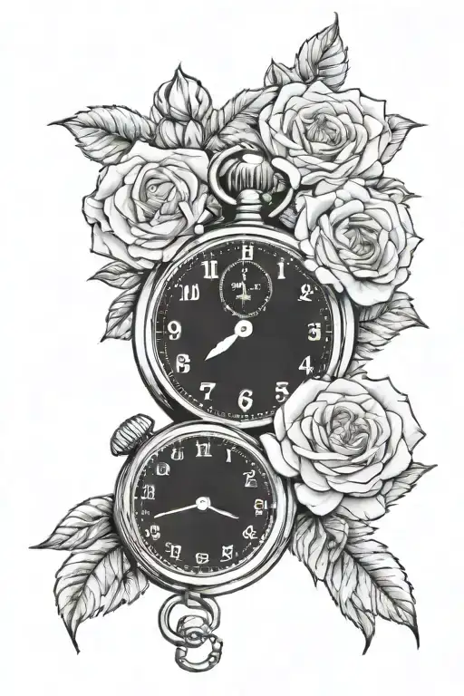 stopwatch with roses saying Layla 25-12-21 Riley 14-0124 tattoo design idea