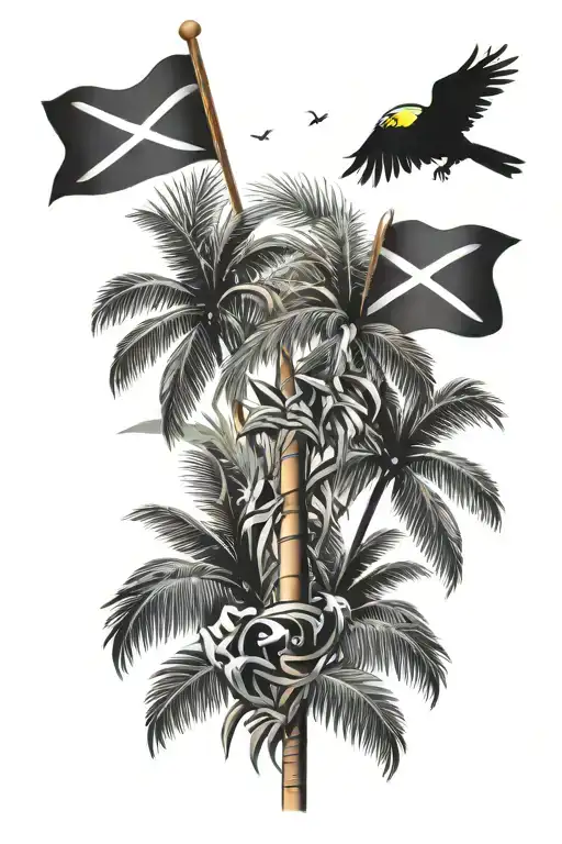 Jamaican flag , palm trees , 3 little birds , music notes  tattoo design idea
