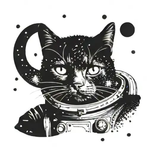An astronaut black cat with a white chin and white paws in space tattoo design idea