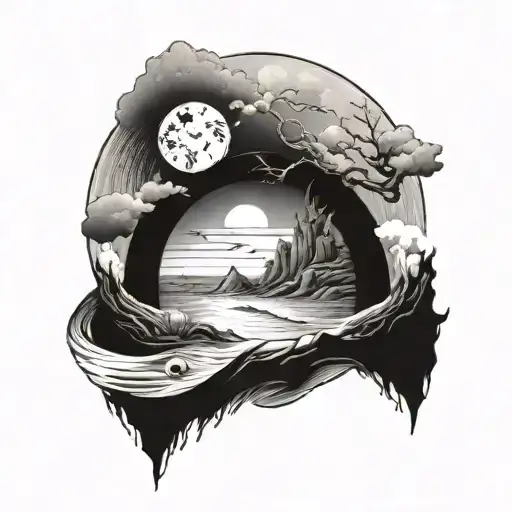 A tattoo of a beach landscape with a mystical portal leading to a parallel universe, symbolizing the endless possibilities of reincarnation tattoo design idea