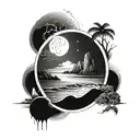 A tattoo of a beach landscape with a mystical portal leading to a parallel universe, symbolizing the endless possibilities of reincarnation tattoo design idea