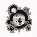 A tattoo of a beach landscape with a mystical portal leading to a parallel universe, symbolizing the endless possibilities of reincarnation tattoo design idea