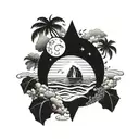 A tattoo of a beach landscape with a mystical portal leading to a parallel universe, symbolizing the endless possibilities of reincarnation tattoo design idea