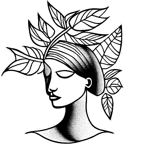 Virgo maiden looking sideways with lots of leaves and minimal designs coming of it tattoo design idea