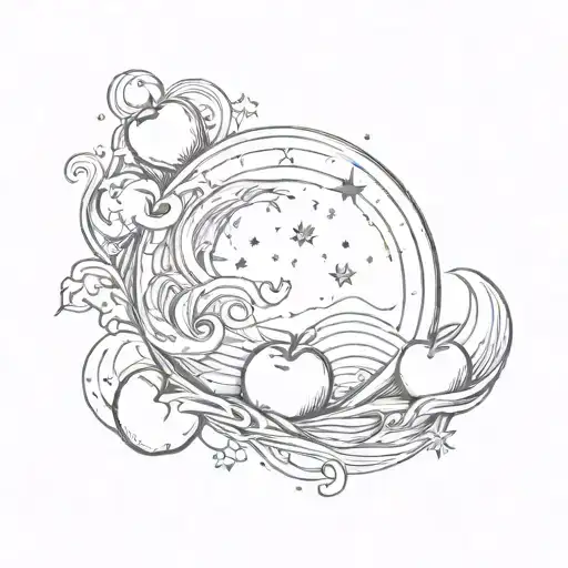 an infinity sign, a wave, a sun with five sunbeams, a moon and one star, all inside an apple  tattoo design idea