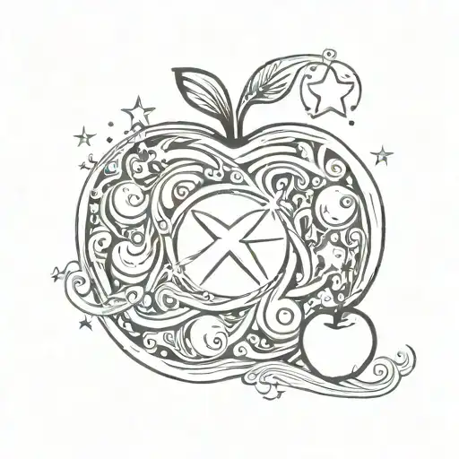 an infinity sign, a wave, a sun with five sunbeams, a moon and one star, all inside an apple  tattoo design idea