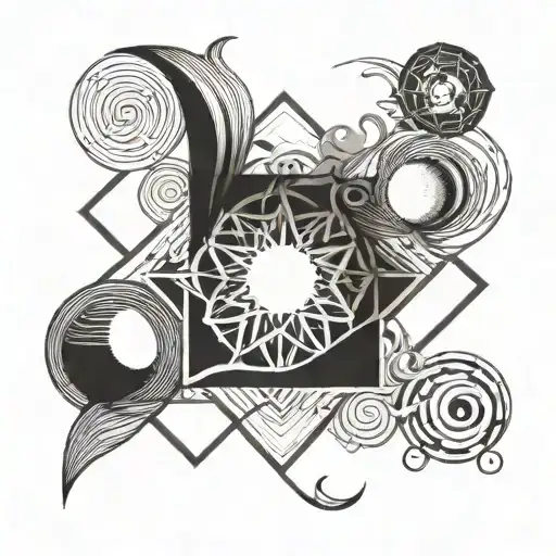 an infinity sign, , a wave, a sun with five sunbeams, a moon and one star, all inside an apple tattoo design idea