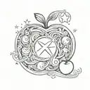 an infinity sign, a wave, a sun with five sunbeams, a moon and one star, all inside an apple  tattoo design idea