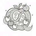 an infinity sign, a wave, a sun with five sunbeams, a moon and one star, all inside an apple  tattoo design idea