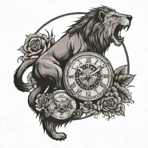 lion with clock and wolf below it with nature around the wolf tattoo design idea