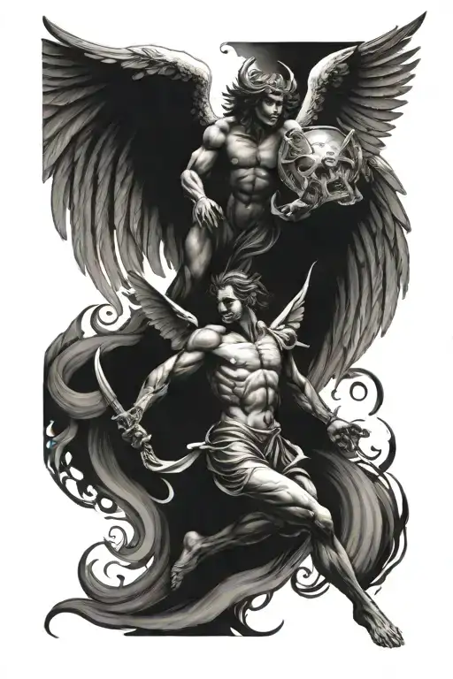 angel vs demon one on one in flight tattoo design idea