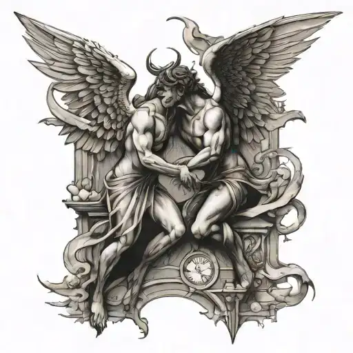angel vs demon in flight fighting each other gothic architecture  tattoo design idea