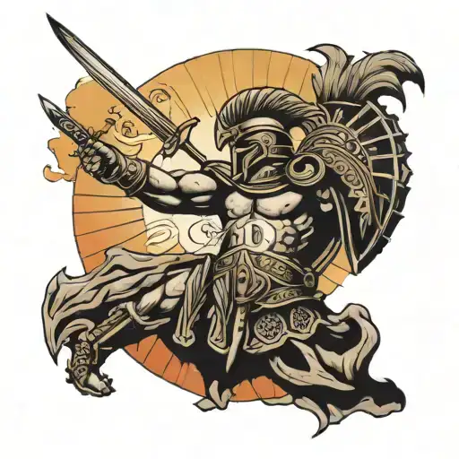 spartan warrior sun setting tattoo design idea