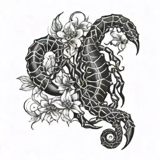 A blackwork tattoo of a sleek and elegant scorpion intertwined with intricate anime-inspired floral designs tattoo design idea
