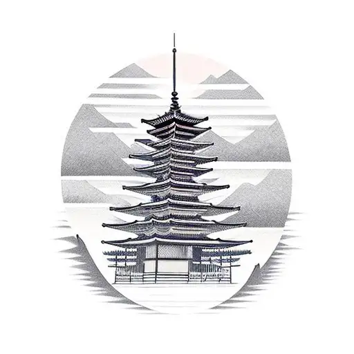 A tranquil pagoda nestled among bamboo forests tattoo design idea