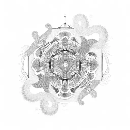 A serene pagoda surrounded by swirling waves tattoo design idea