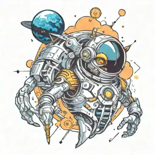 A futuristic space-themed sleeve incorporating elements of mythology and sci-fi, with a focus on alien civilizations and celestial bodies tattoo design idea