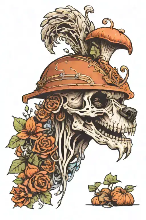 A neotraditional design of a skeleton dog wearing a Greek helmet, with mushrooms growing around its feet tattoo design idea