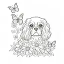 cavalier king charles spaniel in daisies with butterflies tattoo design idea