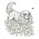 cavalier king charles spaniel in daisies with butterflies tattoo design idea