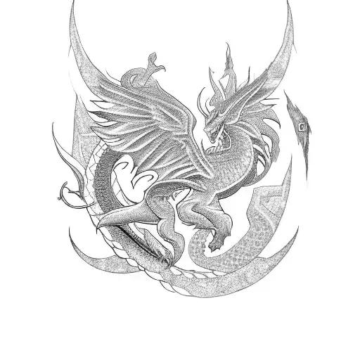 A blackwork tattoo featuring a majestic Norse dragon and a Greek phoenix soaring together tattoo design idea