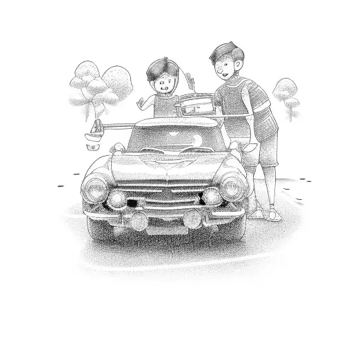 line art family of five a boy pulling a car toy tattoo design idea