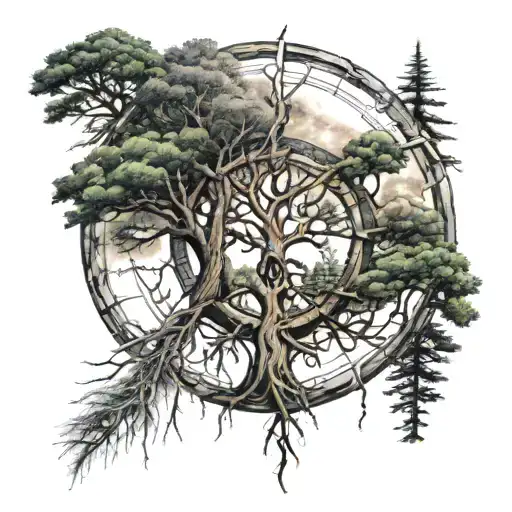 Native American medicine wheel  with cedar tree in center with roots showing &lightning striking the tree above center.  tattoo design idea