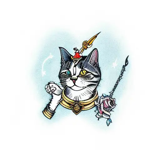 A powerful illustration of a cat familiar wielding a wand and surrounded by symbols of natural magic tattoo design idea