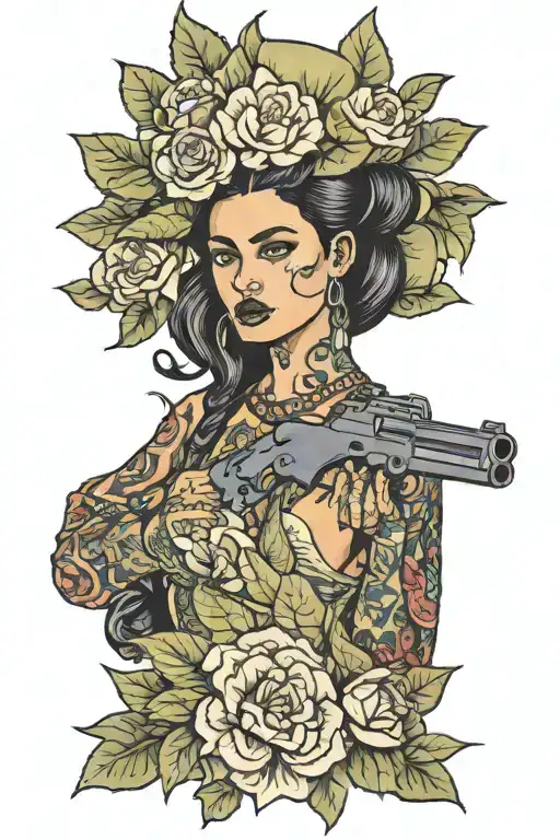 adelita holding a gun nopal in background  tattoo design idea