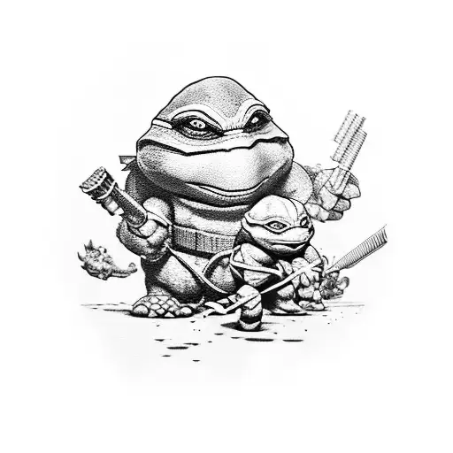 A dotwork tattoo of a Teenage Mutant Ninja Turtles and Super Mario Bros themed sleeve with the client's favorite characters interacting in various scenes tattoo design idea