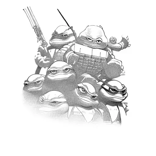 A surreal scene with Teenage Mutant Ninja Turtles and Super Mario Bros characters exploring a black and grey cityscape tattoo design idea