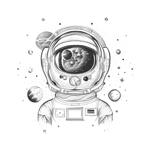 spaceman Deviant Art, Contour, Vector, White Background, Detailed, Sticker, Exhilarated, Tertiary Color, Art brut style, tattoo design idea