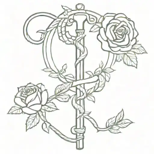 aesthetic silhouette rod of asclepius with serpent and roses  tattoo design idea