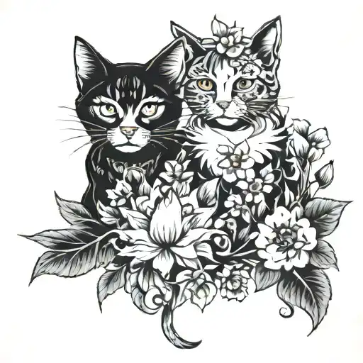 sitting cats surrounded with flowers  tattoo design idea