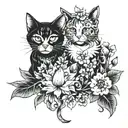 sitting cats surrounded with flowers  tattoo design idea