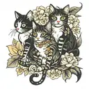 sitting cats surrounded with flowers  tattoo design idea
