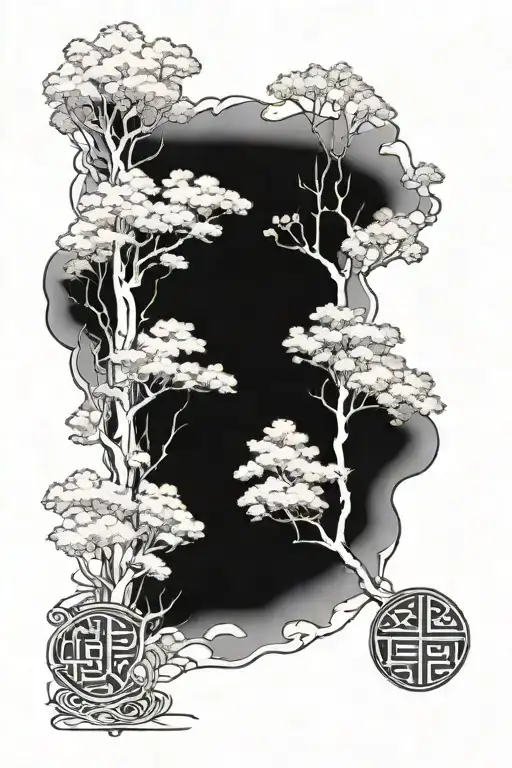 A forearm sleeve with aspen trees and a Japanese background  tattoo design idea
