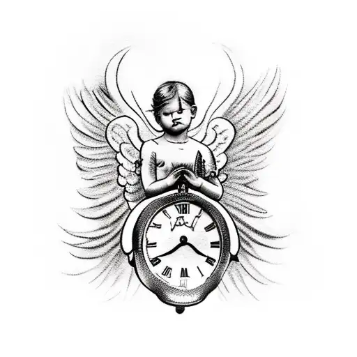 Praying tattoed hands with engraved pistol and statue baby angel with wings and clock in full moon,two roses and blood f tattoo design idea