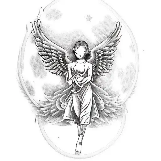 Praying tattoed hands with engraved pistol and statue baby angel with wings and clock in full moon,two roses and blood f tattoo design idea