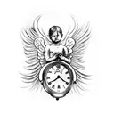 Praying tattoed hands with engraved pistol and statue baby angel with wings and clock in full moon,two roses and blood f tattoo design idea
