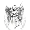 Praying tattoed hands with engraved pistol and statue baby angel with wings and clock in full moon,two roses and blood f tattoo design idea