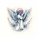 Praying tattoed hands with engraved pistol and statue baby angel with wings and clock in full moon,two roses and blood f tattoo design idea