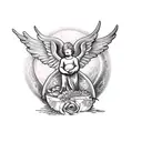 Praying tattoed hands with engraved pistol and statue baby angel with wings and clock in full moon,two roses and blood f tattoo design idea