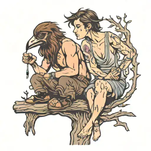 buff boy with brown hair and girl with crow hair sitting on a tree tattoo design idea