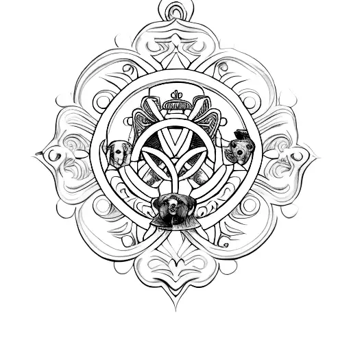 Design a feminine tattoo with fine lines and soft colors, depicting the medal of Saint Benedict and the image of Saint Francis of Assisi, surrounded by adorable dogs. tattoo design idea